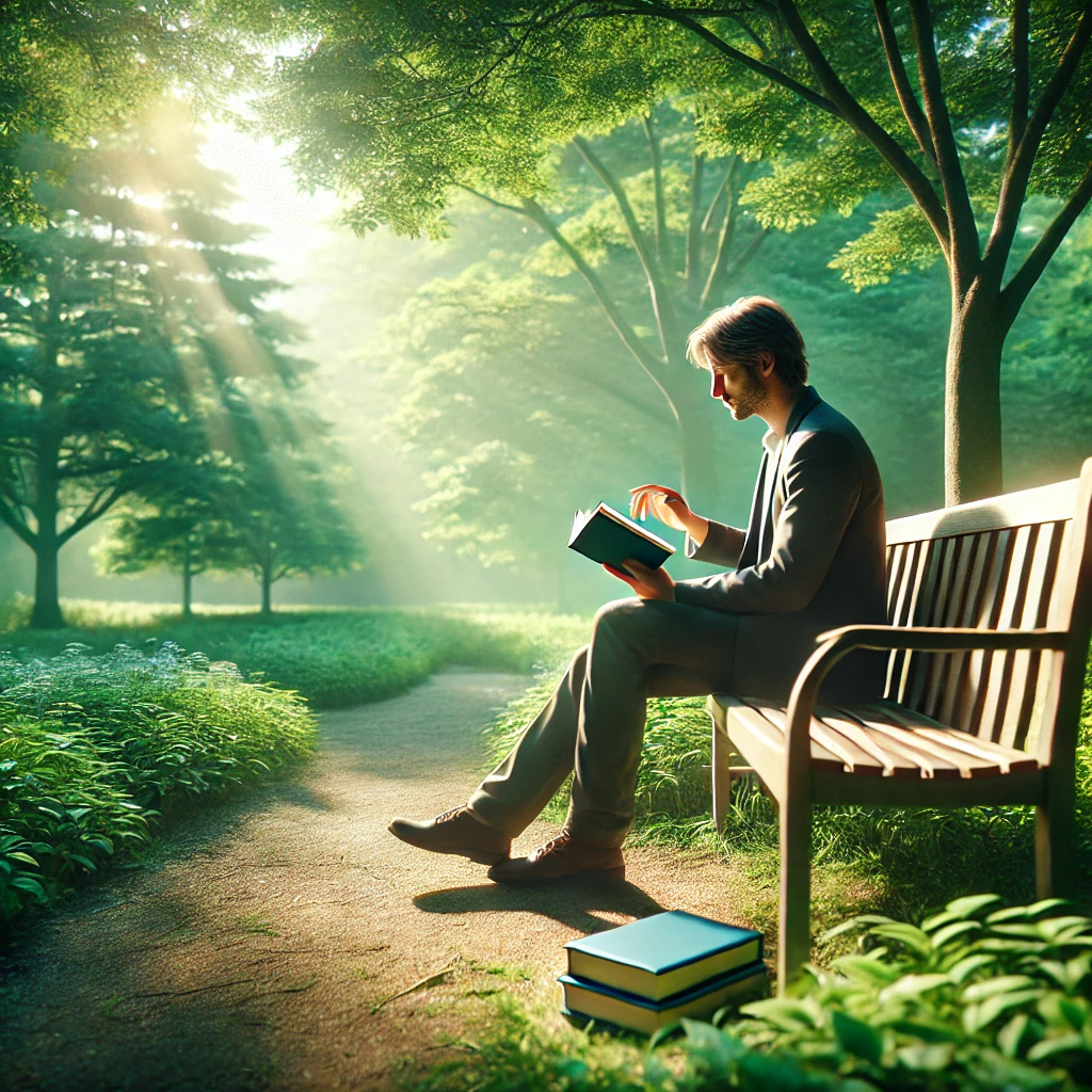 A person enjoying a book outdoors, embracing a digital detox.