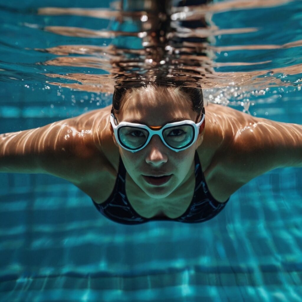 Happy individual swimming in an indoor pool.