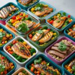 Assorted healthy chicken, fish, and beef meal prep dishes in colorful containers.