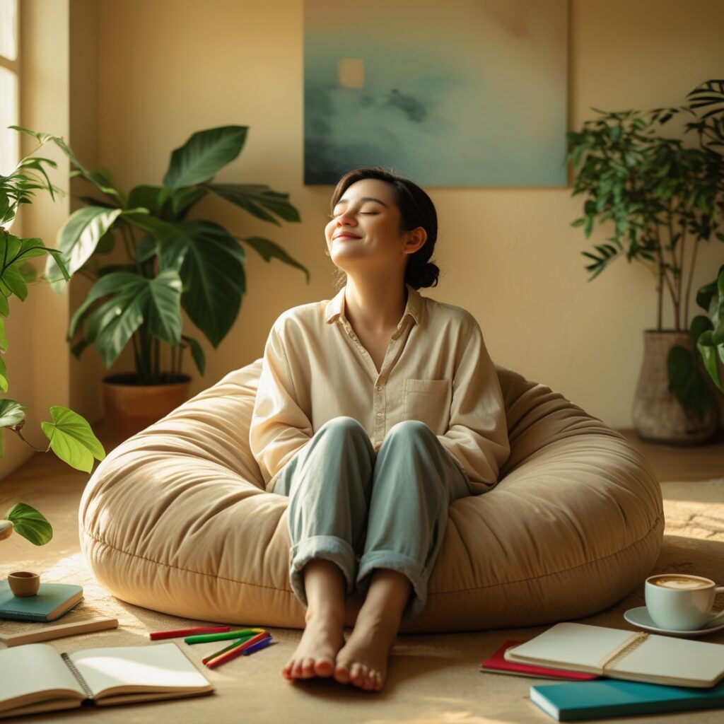 Bright, cheerful scene depicting someone happily engaged in personal reflection.