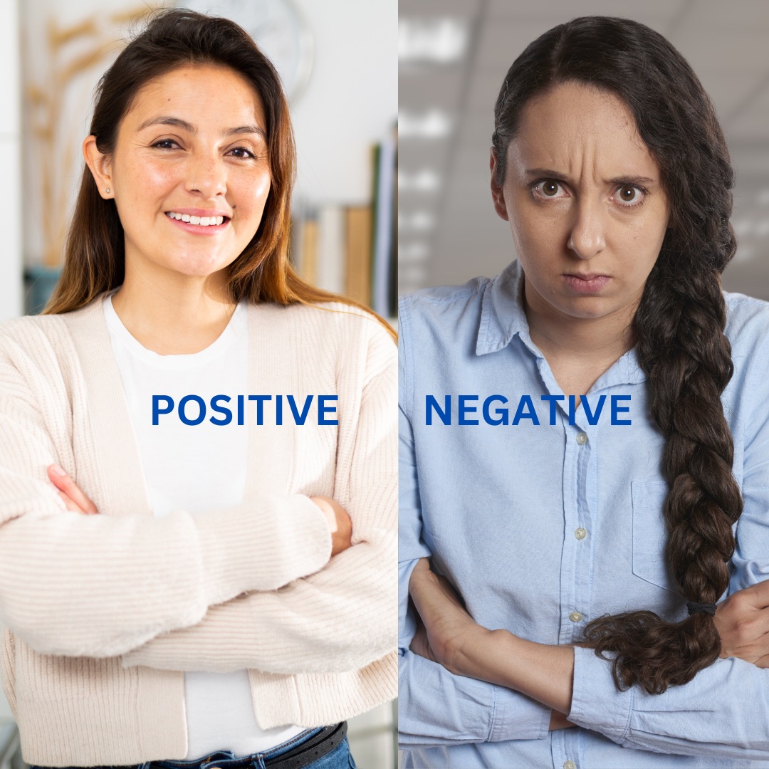 Visual comparison between negative and positive self-talk demonstrating how positivity builds confidence. Side-by-side illustration comparing negative self-talk ("I can’t") and positive affirmations ("I will succeed").