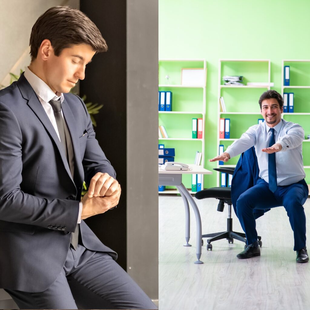 A split-screen showing a person doing a quick squat by their desk on one side and checking their watch/timer on the other