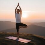 Individual practicing yoga at sunrise, representing sustainable and burnout-free fitness habits.