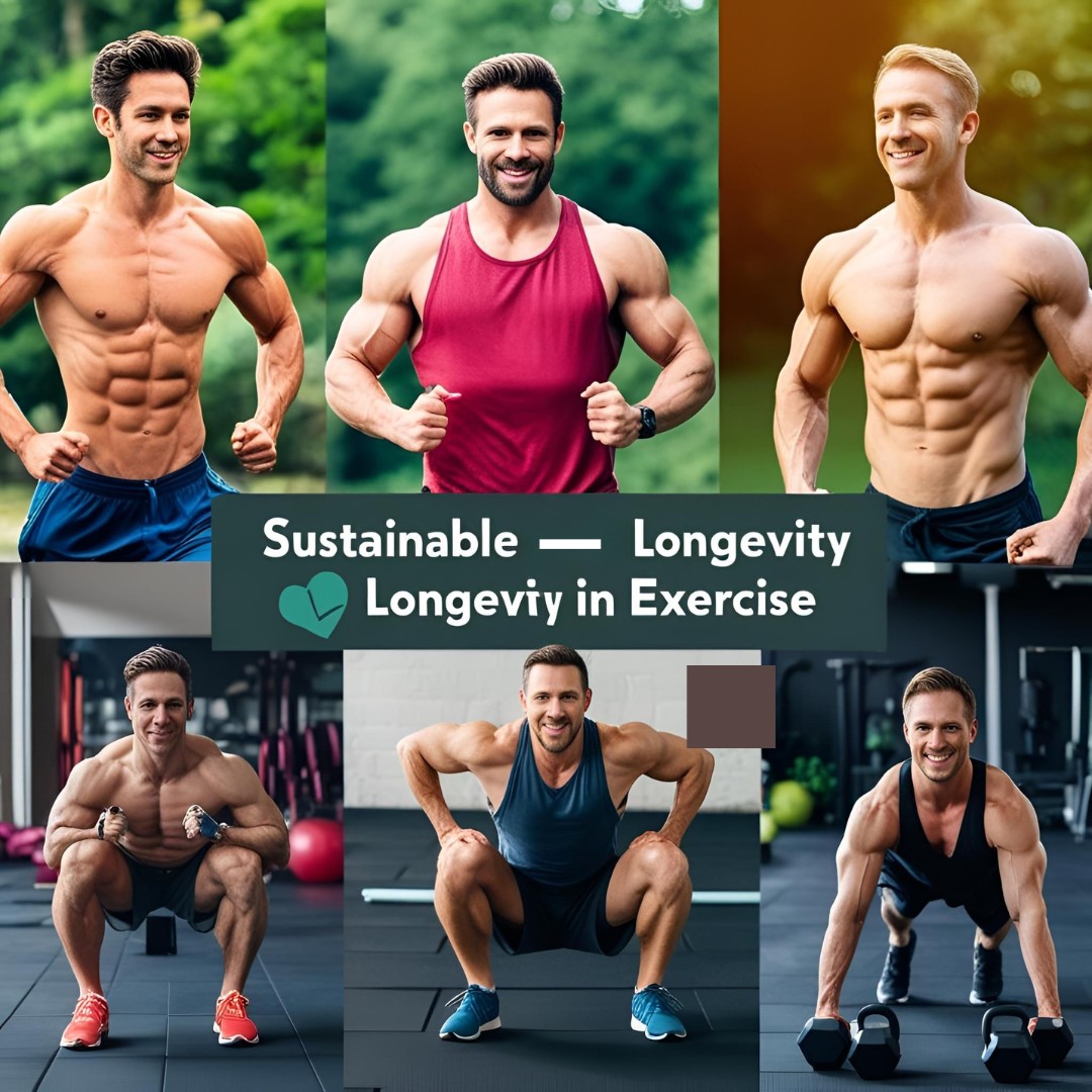 A vibrant fitness scene showcasing individuals participating in various sustainable workout routines, People engaging in sustainable fitness activities like walking and stretching to maintain long-term health.