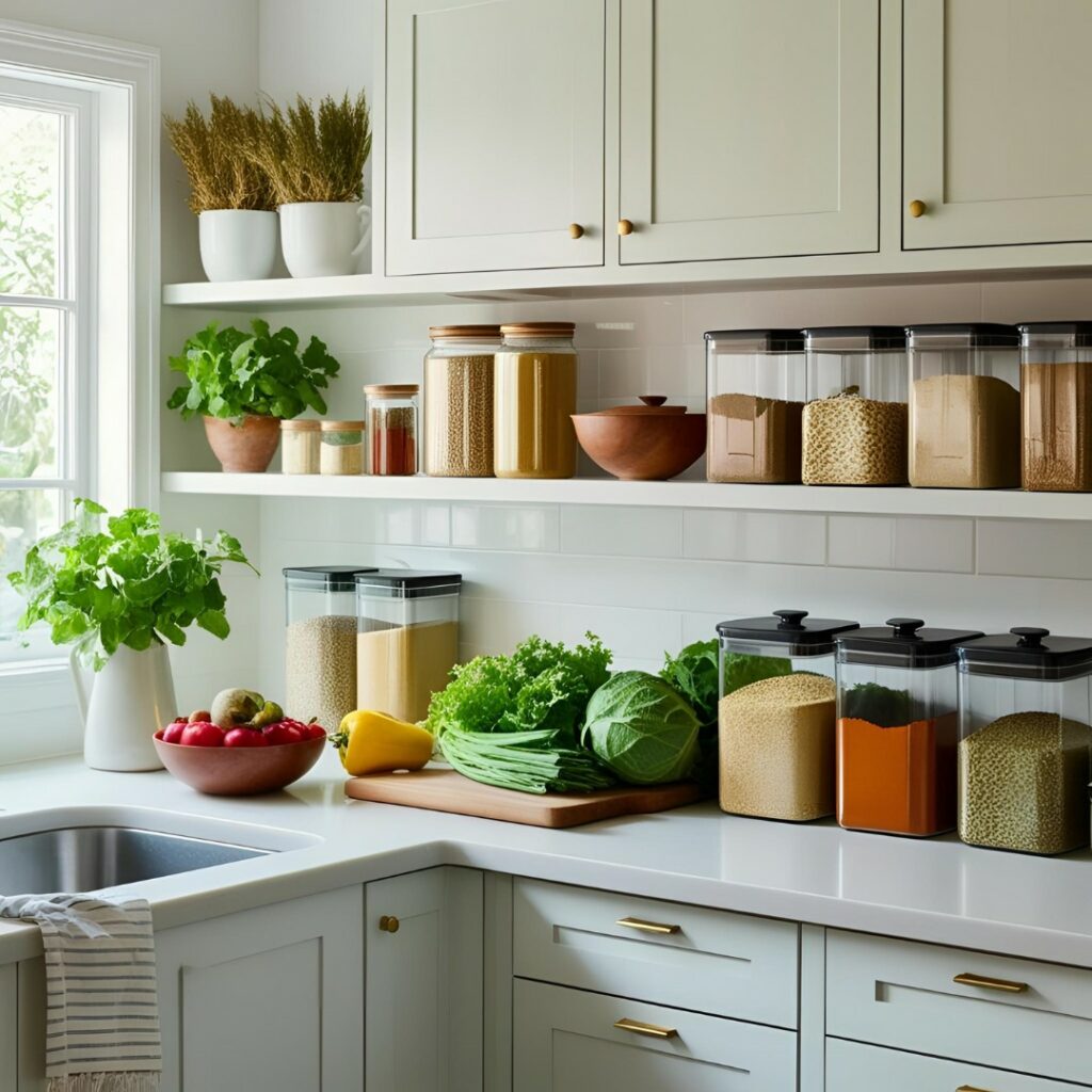 A detoxed kitchen with fresh produce, glass jars, and neatly arranged essentials promoting healthy choices."