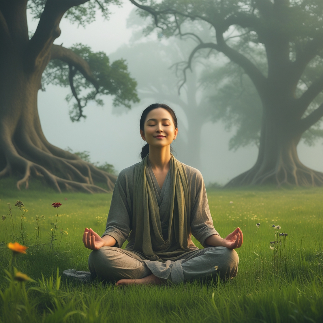 A_serene_individual_with_closed_eyes_and_a_0 A mindful morning routine: journaling outdoors without digital distractions.