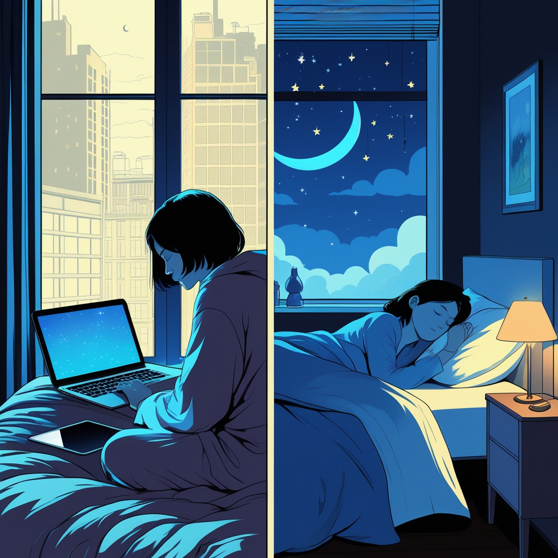 A_splitimage_diptych_with_a_stark_contrast_3 A comparative look at how screen time impacts sleep patterns, emphasizing the benefits of digital-free nights.