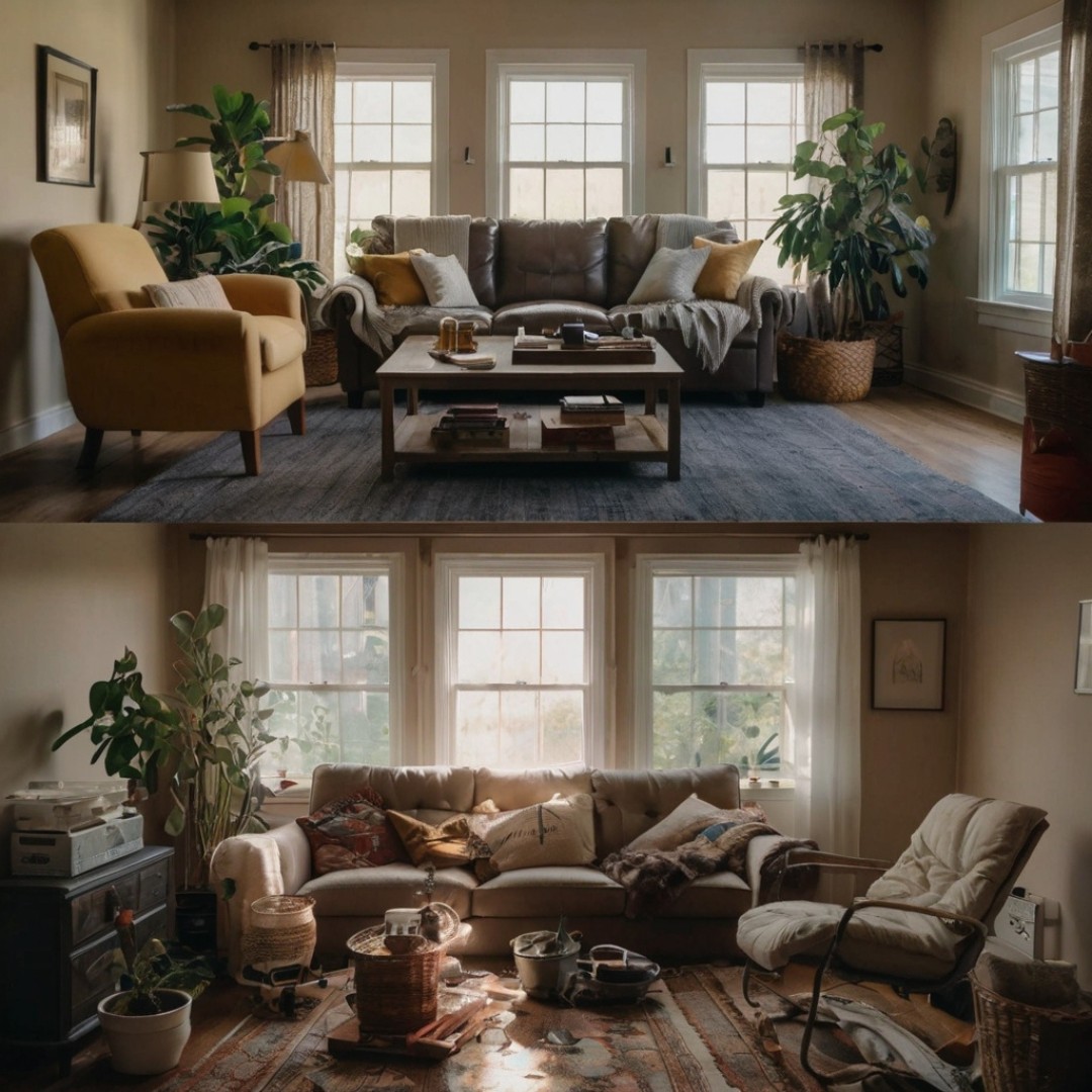 Before-and-after decluttering comparison. Visual comparison highlighting the calming transformation achieved through decluttering.