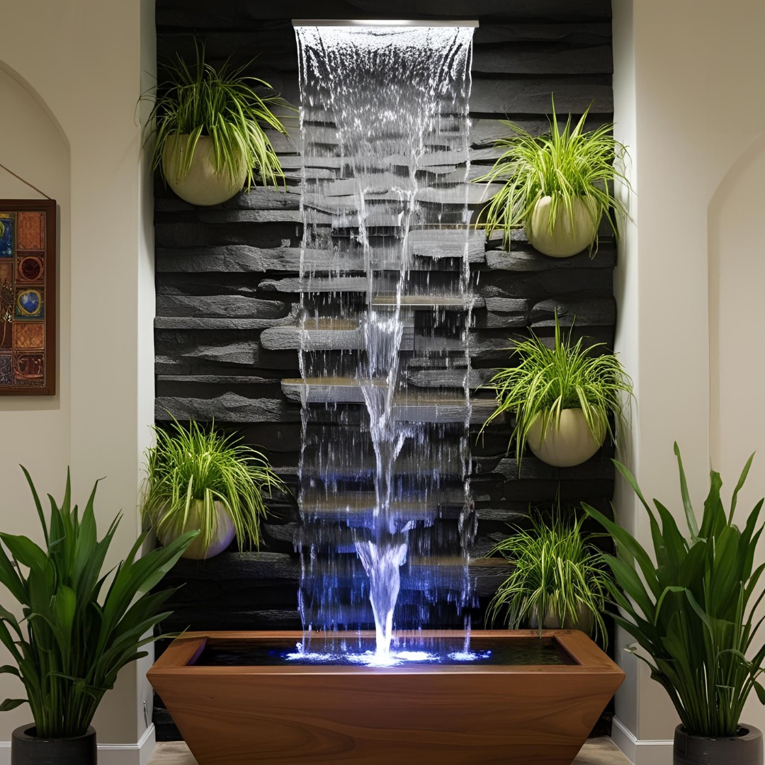 Calming indoor water feature illustrating auditory wellness. Indoor water feature enhancing auditory sensory wellness