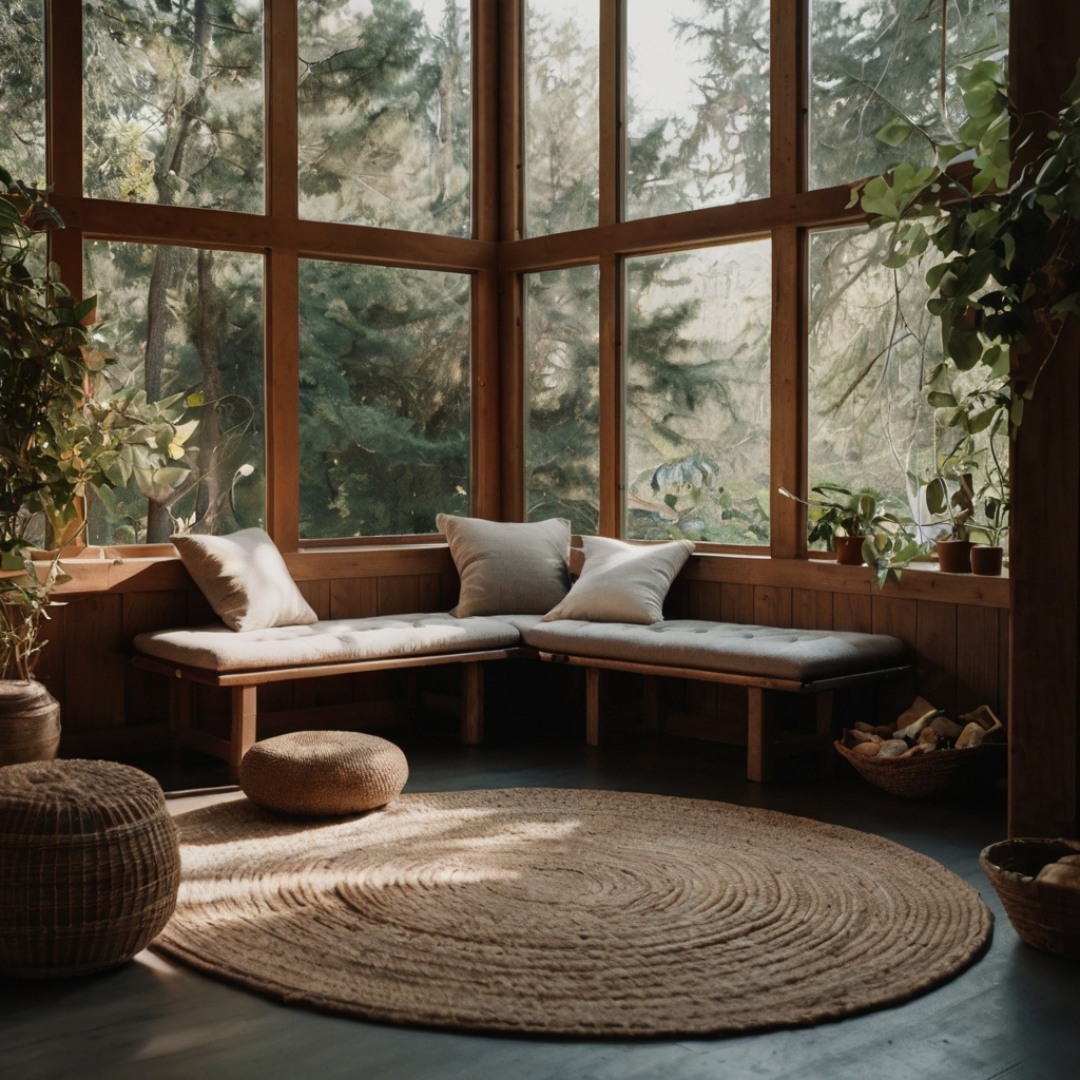 Mindfulness corner with cozy seating, plants, and natural lighting. Peaceful mindfulness corner with cozy seating and natural elements