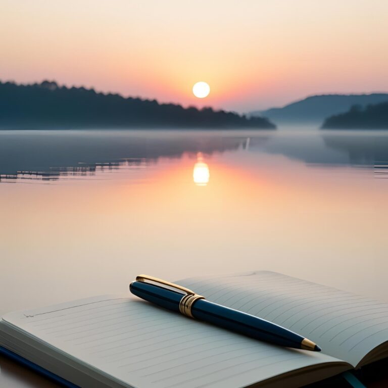 Sunrise over calm landscape with journal and pen for practicing gratitude.