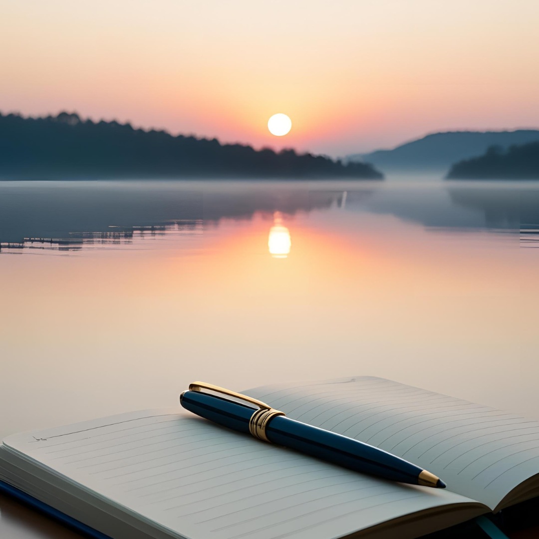 Sunrise over calm landscape with journal and pen for practicing gratitude.