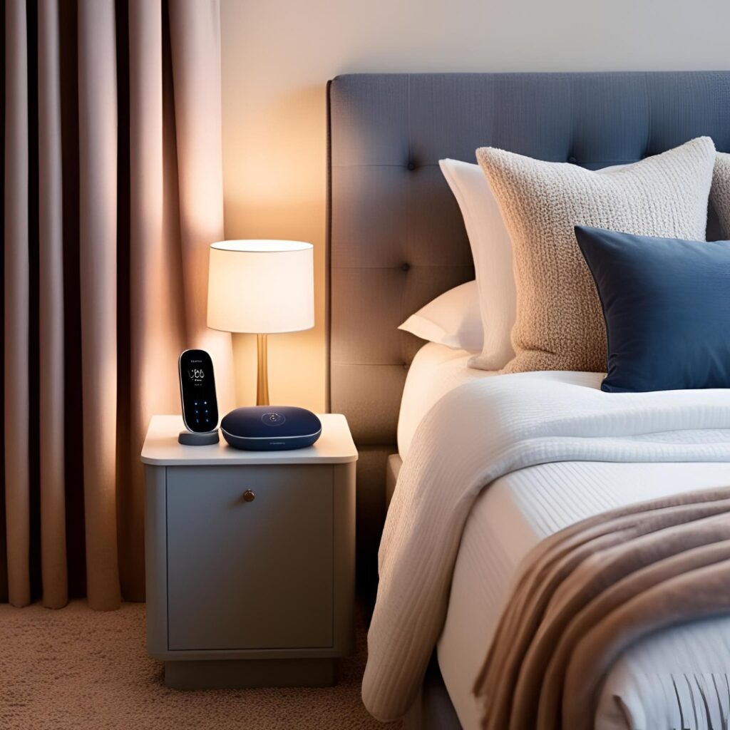 A cozy bedroom setting with sleep essentials like blackout curtains, Creating a sleep-friendly environment improves sleep quality and immune function.