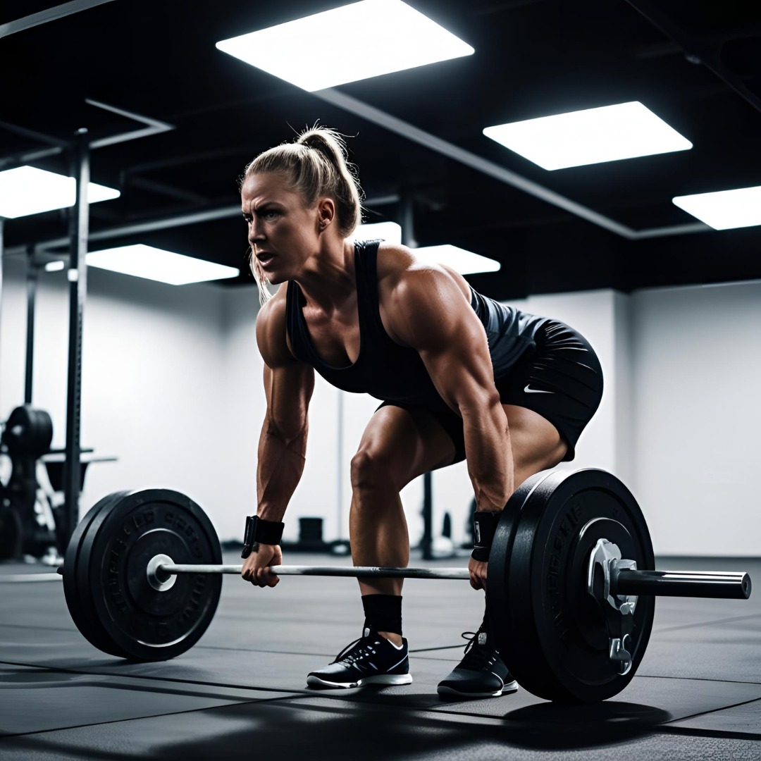 A focused fitness moment demonstrating the farmer’s carry, a functional exercise that builds grip strength and core stability. A person doing a farmer’s carry exercise, holding weights in both hands while walking steadily across a gym floor.