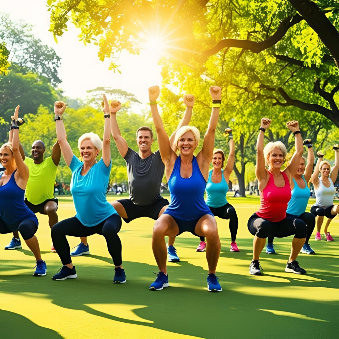 A group workout session in an outdoor park, where participants are performing squats, lunges, and kettlebell swings. Group performing functional exercises like squats and lunges, promoting mobility and strength.