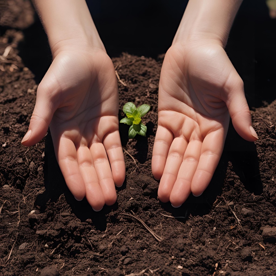 A mindful moment captured with hands gently touching the earth, Hands interacting with nature, showcasing the therapeutic benefits of green spaces for mental wellness.