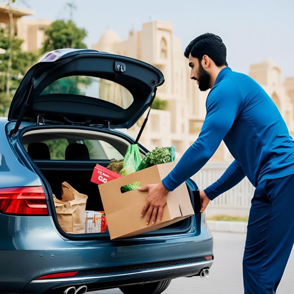Individual lifting grocery bags with proper posture, illustrating the importance of functional fitness.