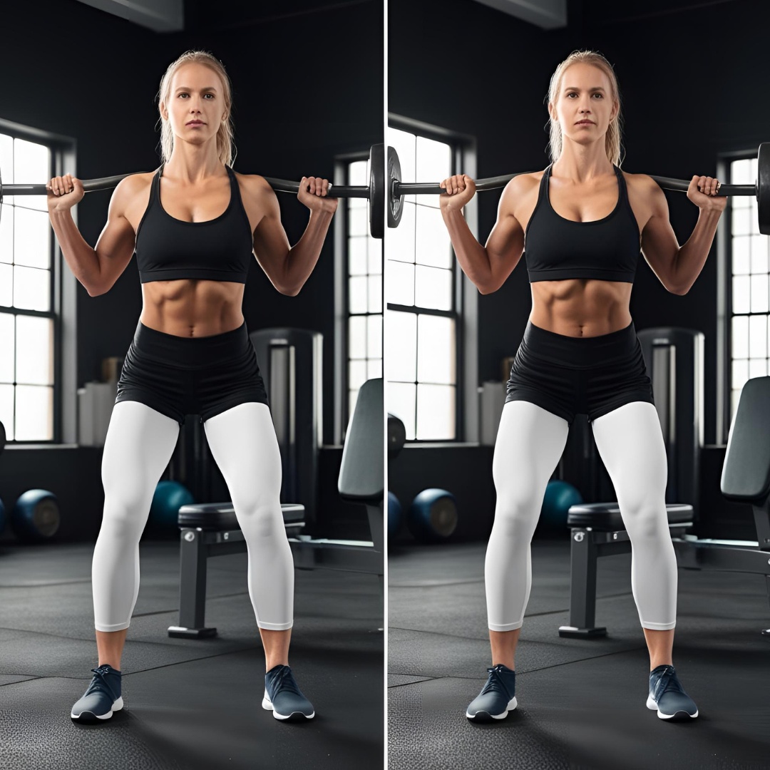 A gym setting where individuals are performing various functional and traditional exercises (squats, lunges, bicep curls, bench press).