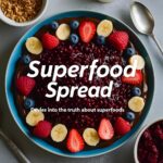 Assorted superfoods like blueberries, kale, salmon, quinoa, and avocado arranged on a rustic table.