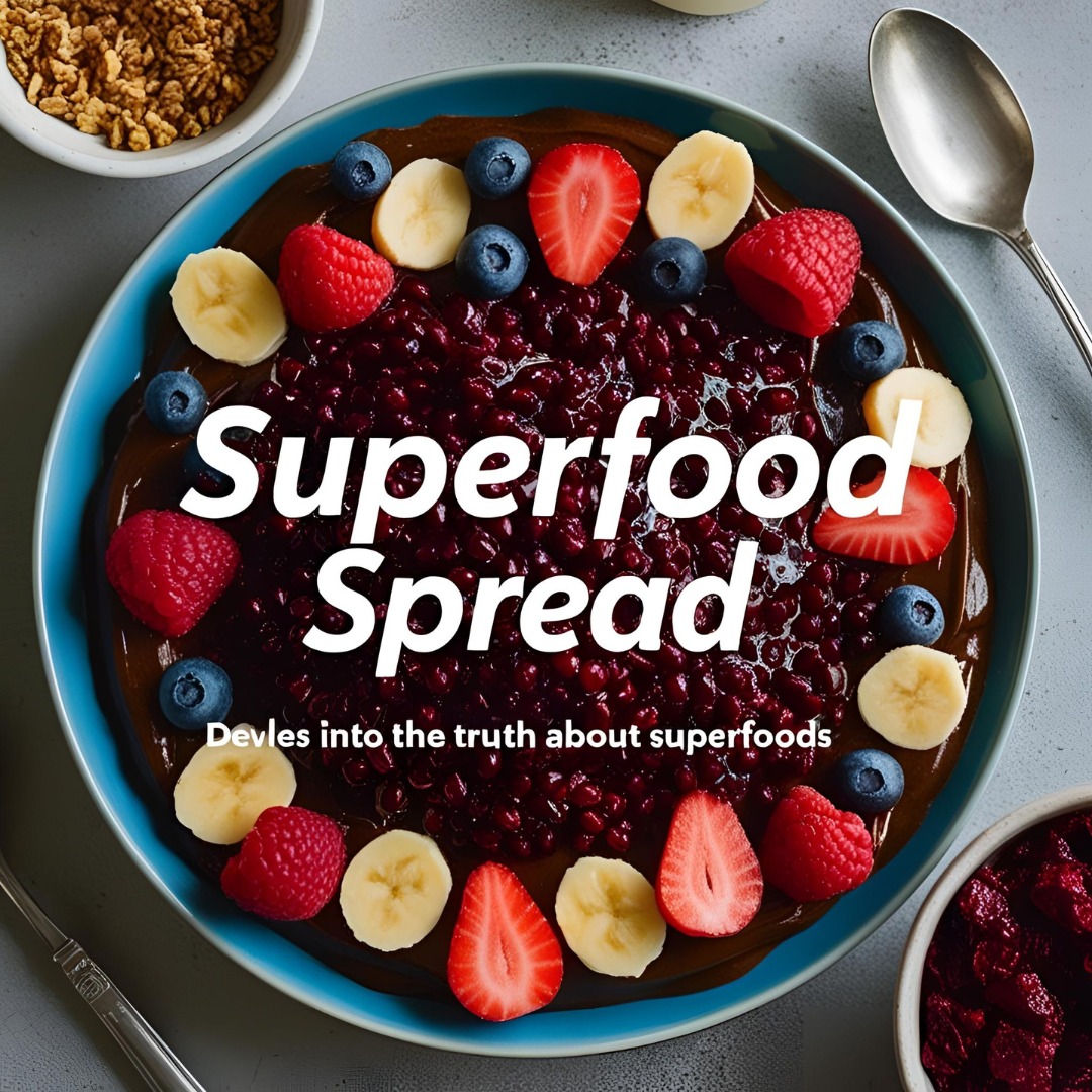 Assorted superfoods like blueberries, kale, salmon, quinoa, and avocado arranged on a rustic table.