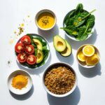 Colorful flat-lay of nutrient-dense foods showing spinach with olive oil, tomatoes with avocado, lentils with lemon wedges, and turmeric with black pepper—highlighting nutrient synergy food pairings.