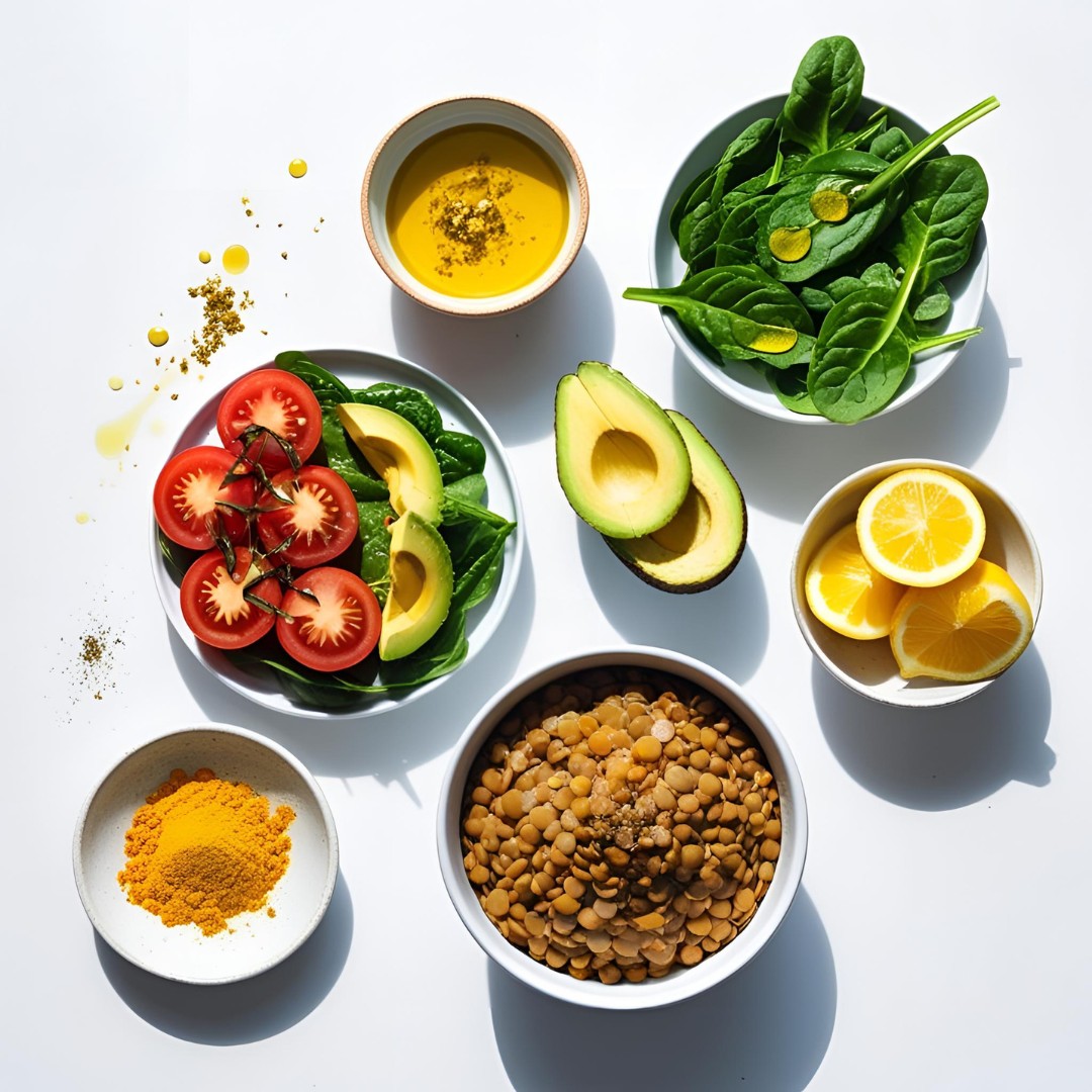 Colorful flat-lay of nutrient-dense foods showing spinach with olive oil, tomatoes with avocado, lentils with lemon wedges, and turmeric with black pepper—highlighting nutrient synergy food pairings.