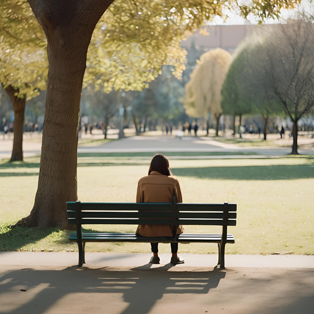 A quiet photo of a lone person sitting on a park bench, gazing into the distance, with space around them that emphasizes solitude A quiet photo of a lone person sitting on a park bench, gazing into the distance, with space around them that emphasizes solitude and the emotional impact of loneliness.