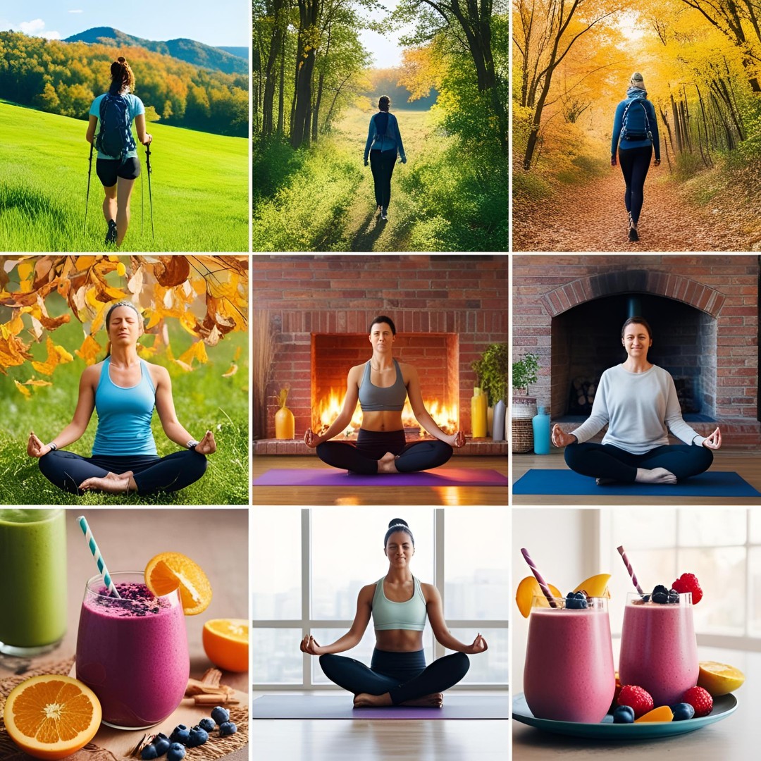 Seasonal wellness activities collage showcasing year-round self-care