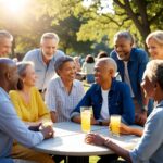 Diverse group of people smiling and talking together at a park table, depicting the importance of community and connection in overcoming loneliness.