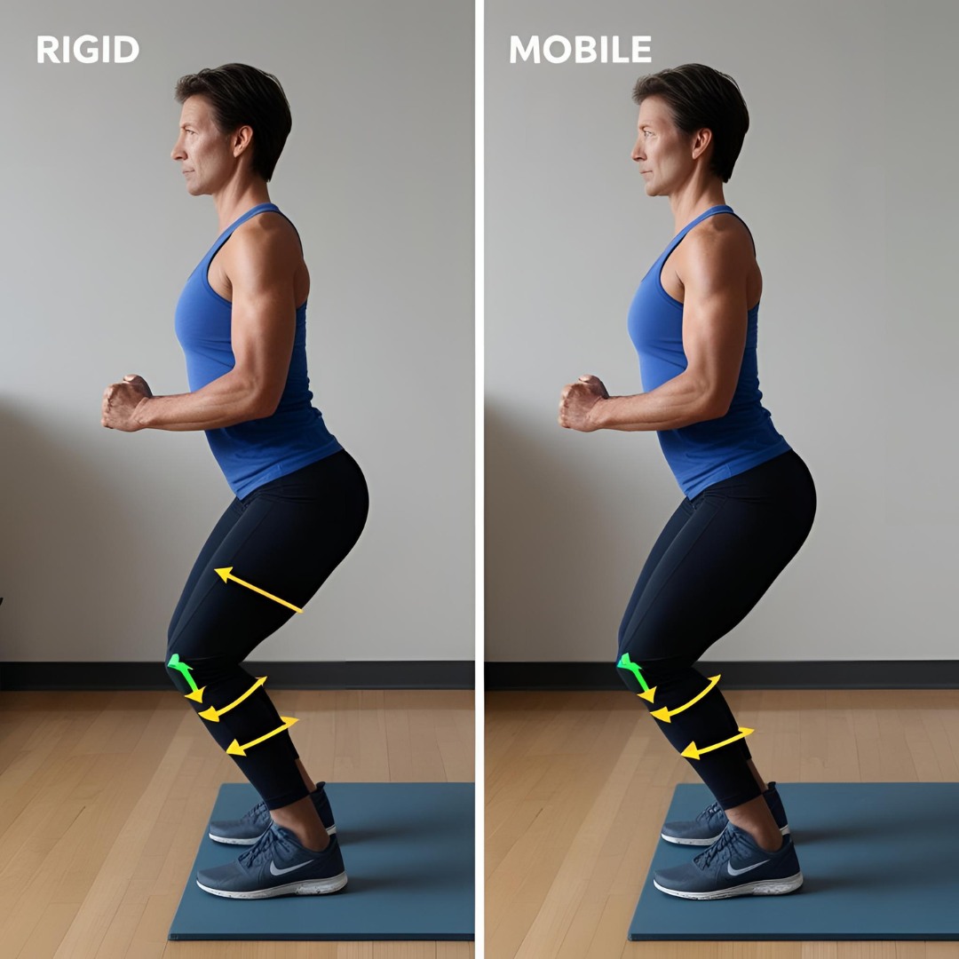 Side-by-side comparison of rigid vs. mobile movement patterns during a squat or lunge. Side-by-side comparison of restricted vs. optimized movement patterns with mobility training.