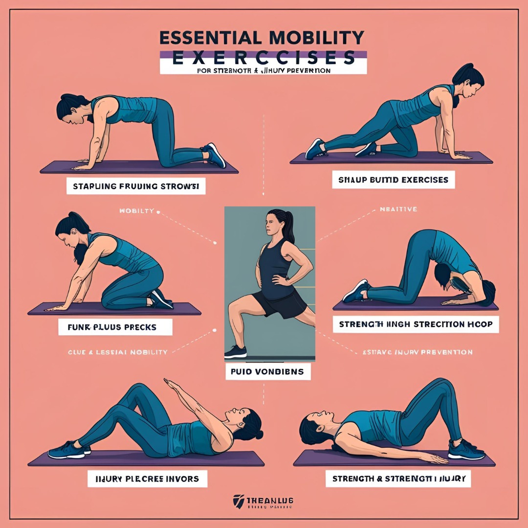 Unlock your body’s full potential with mobility training! Improve flexibility and movement efficiency for injury-free workouts. Illustration highlighting essential mobility exercises for strength and injury prevention.