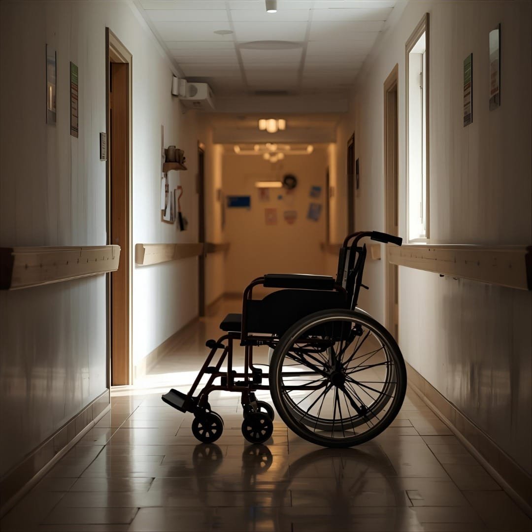 Wheelchair in rehab center hallway with sunlight, symbolizing hope after paralysis.
