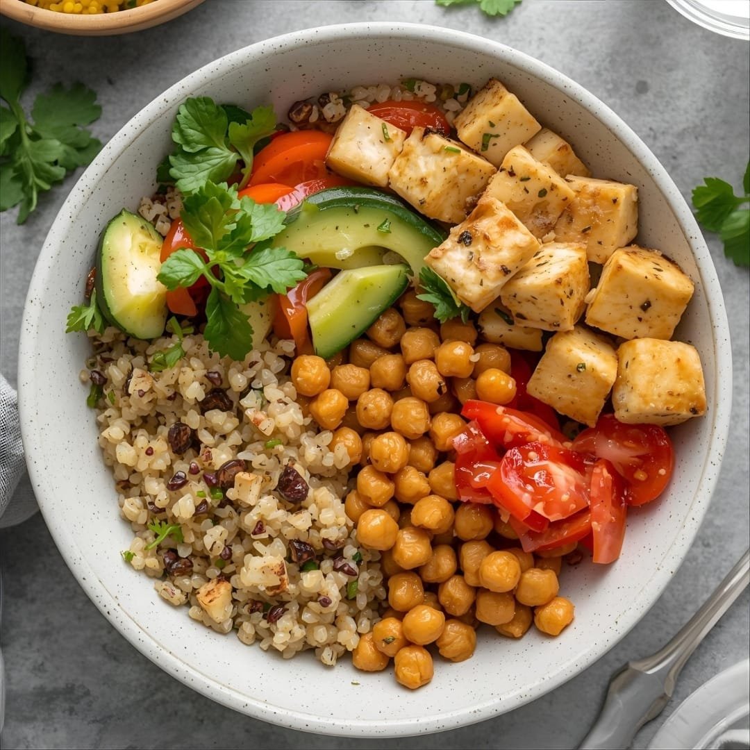 Bowl of quinoa with chickpeas, tofu, and fresh vegetables. Plant-based protein meal featuring quinoa, tofu, chickpeas, and colorful vegetables.