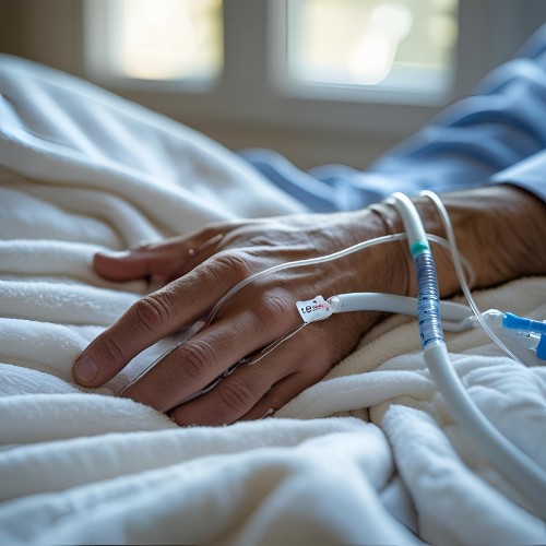 Close-up of a patient’s hand with IV lines, resting on a white blanket, Close-up of a patient’s hand with IV lines, resting on a white blanket, symbolizing vulnerability and healing.