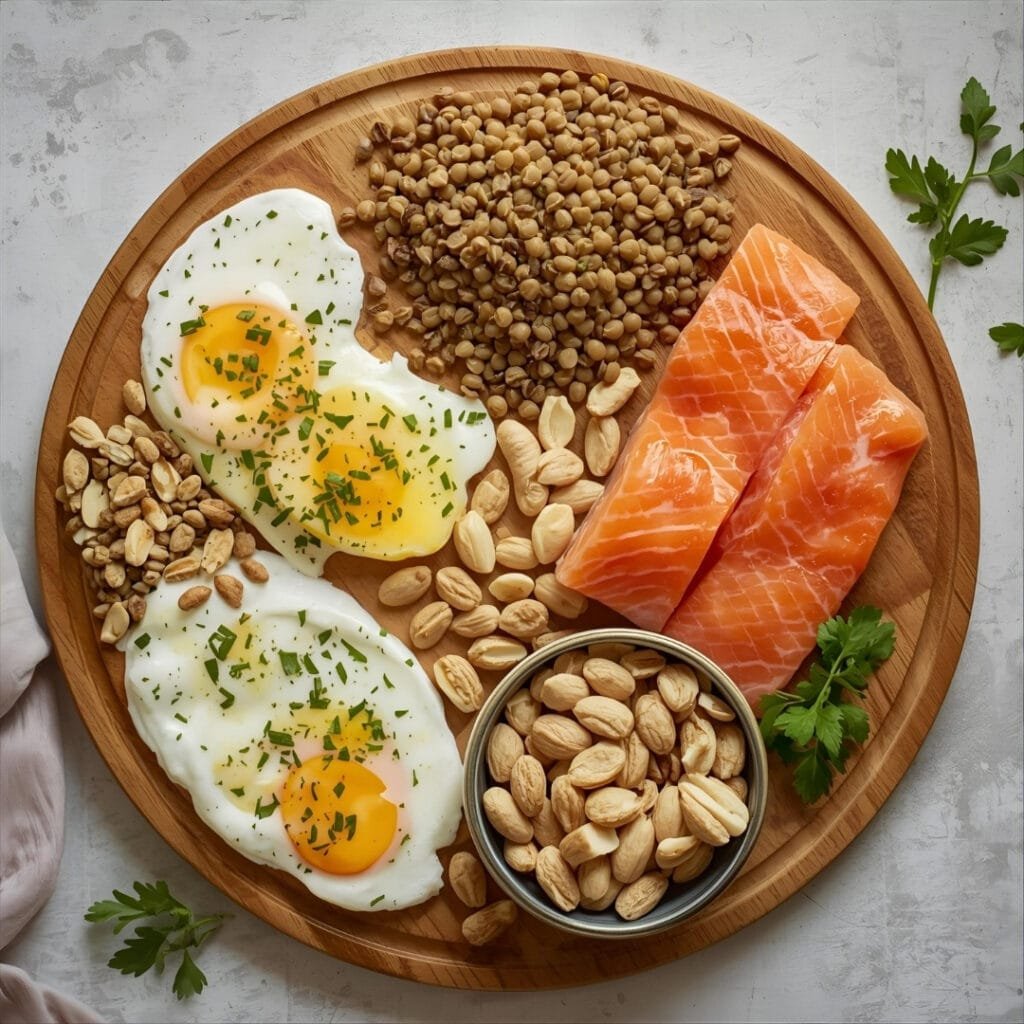 A variety of protein-rich foods including salmon, eggs, yogurt, lentils, and nuts displayed together.