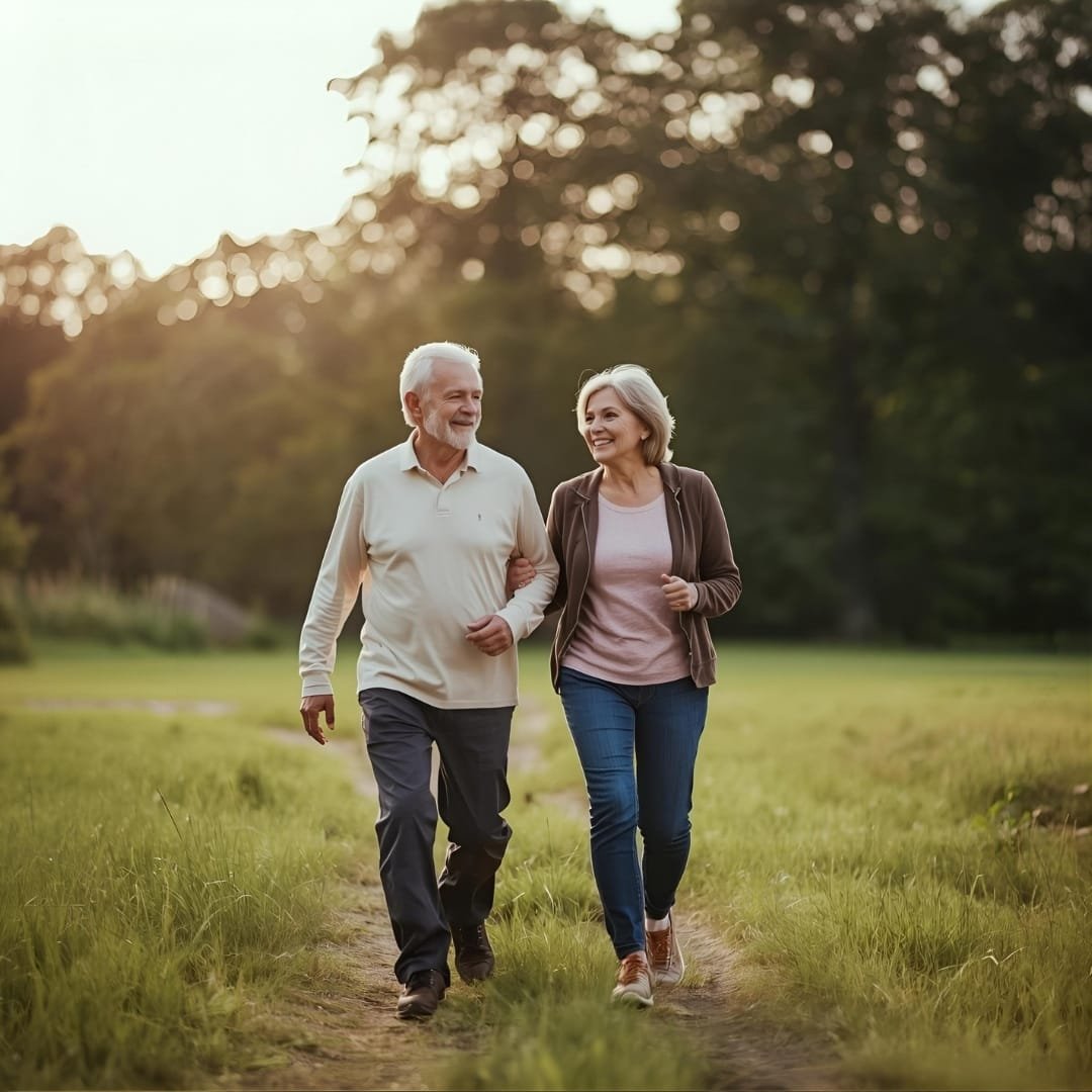 Healthy aging couple walking outdoors, staying active and happy.
