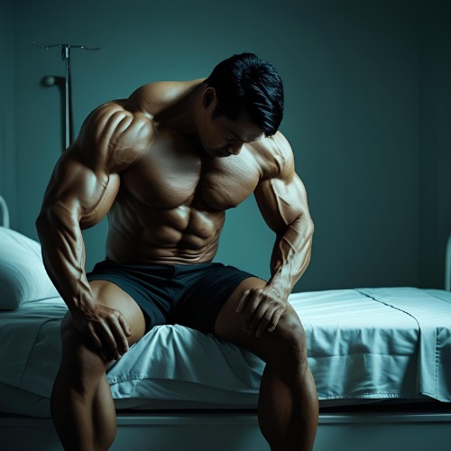 Man sitting on bed exhausted before being hospitalized with COVID. Man sitting on bed exhausted before being hospitalized with COVID.