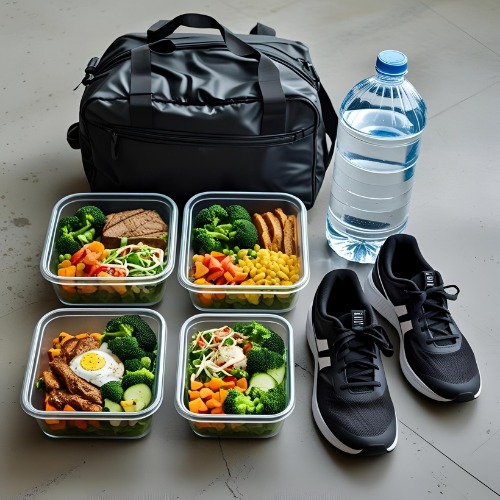 Meal prep containers, gym bag, and sneakers laid out Meal prep and gym essentials representing a disciplined lifestyle before COVID.