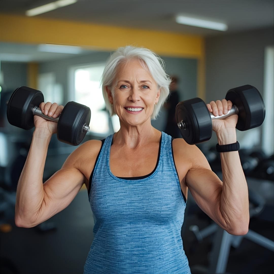 Older adult doing strength training as part of healthy aging routine. Senior lifting light dumbbells or using resistance bands.