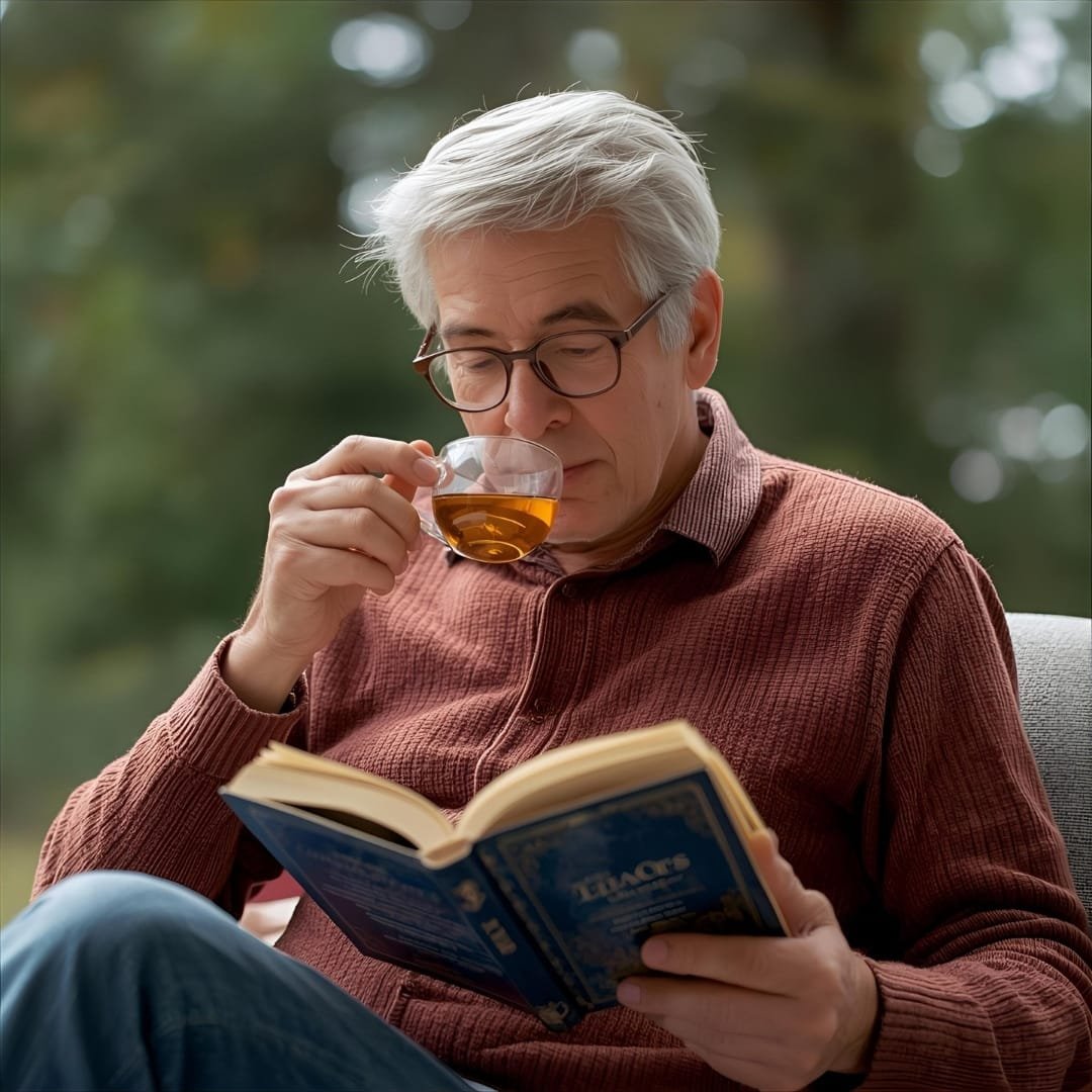 Person reading a book while sipping tea, relaxed in natural light. Simple brain-boosting habit: reading for mental sharpness.
