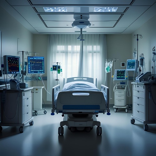 Empty ICU hospital bed with monitoring equipment, symbolizing survival after COVID-19.