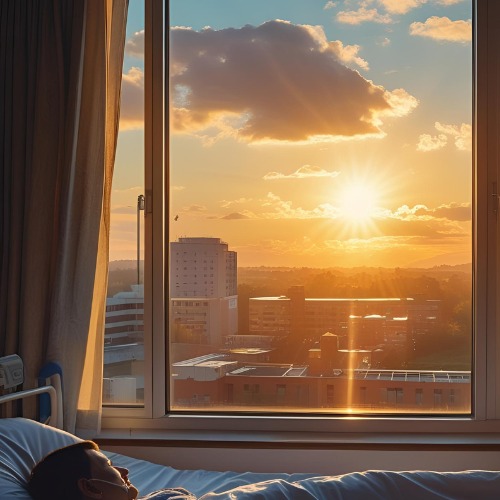 Sunrise shining through a hospital window, symbolizing hope after ICU survival. (2) Sunrise shining through a hospital window, symbolizing hope after ICU survival.