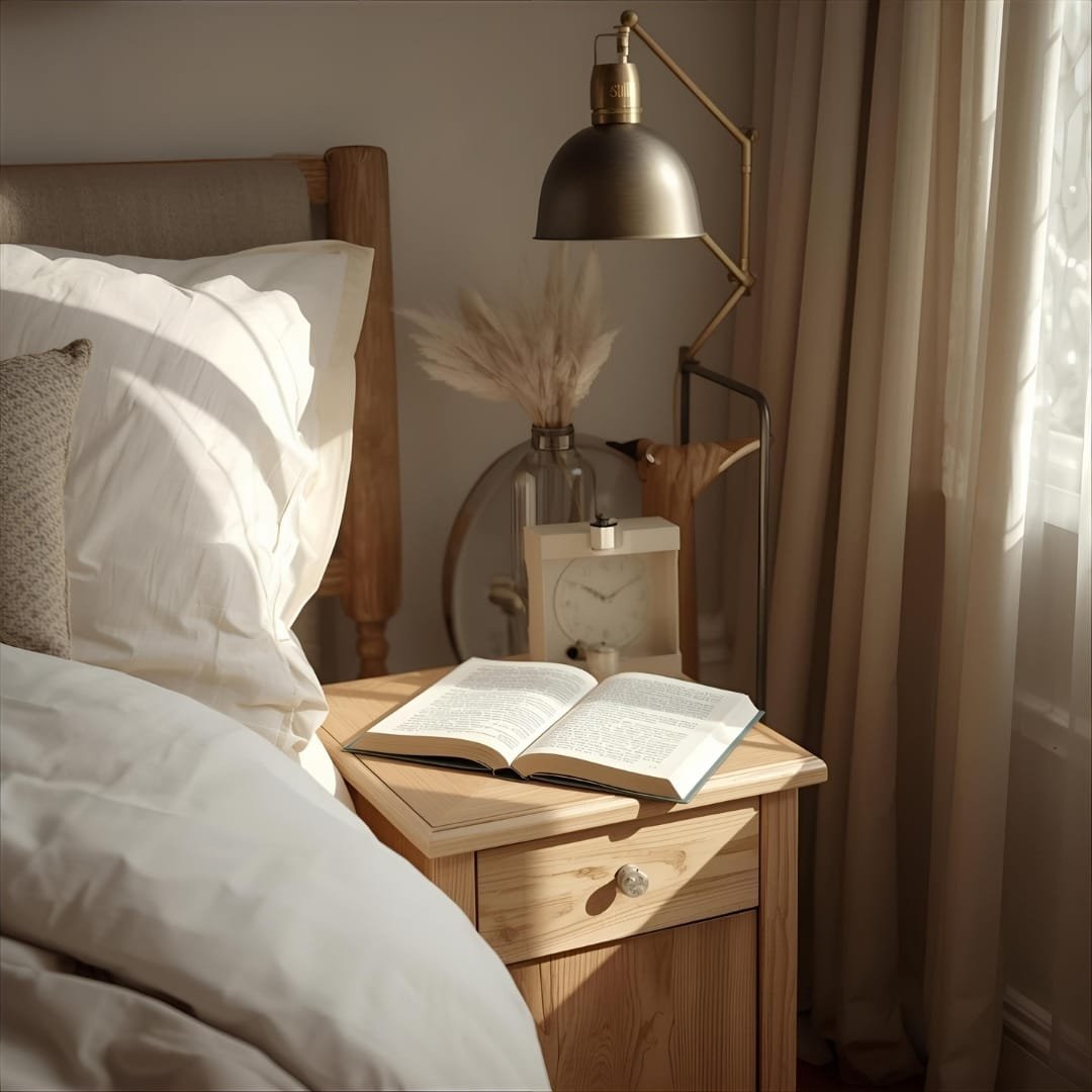 Bedroom with a book on the nightstand instead of a phone. Tech-free bedroom supporting better sleep during digital detox.