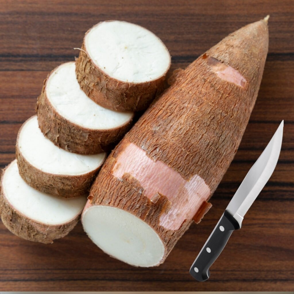 Raw cassava roots peeled and ready for cooking.