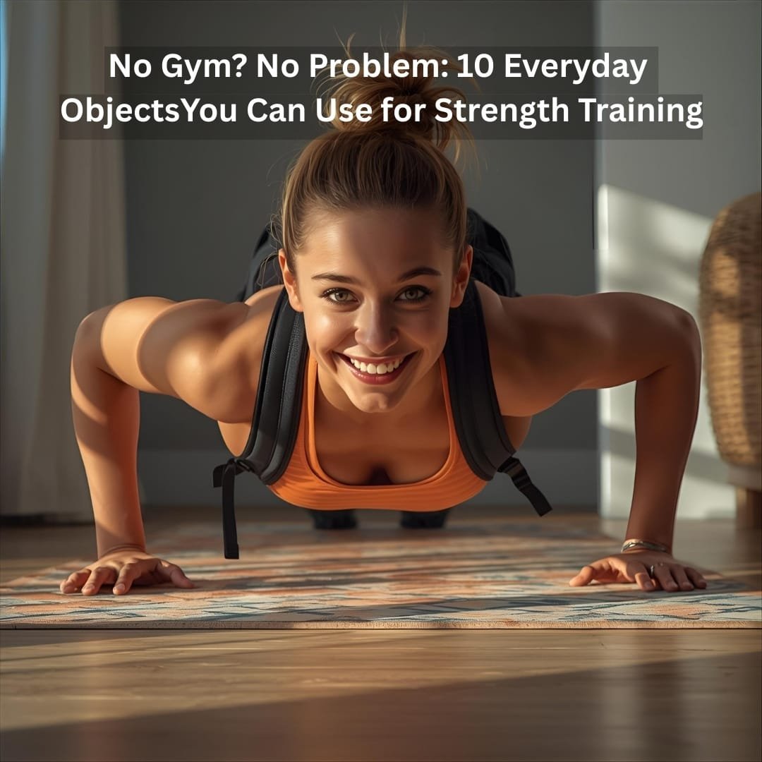 Home strength training using a backpack as added weight.