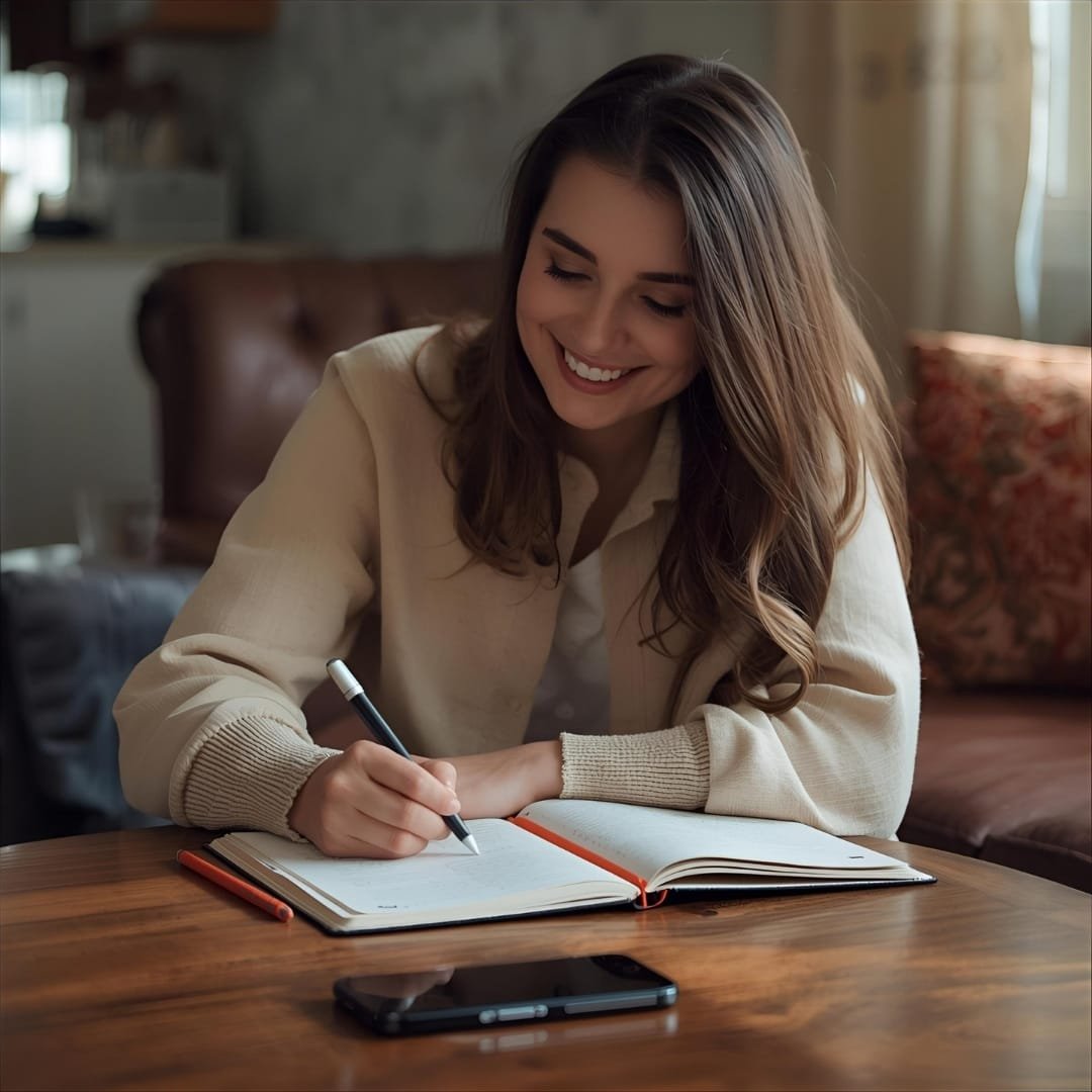 Person smiling while journaling at a coffee table, phone turned upside down. Screen-free morning routine with journaling instead of scrolling.
