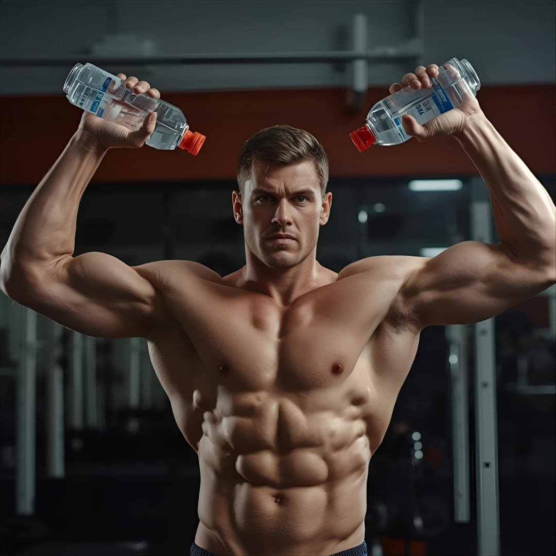 Man lifting water bottles overhead as improvised dumbbells. DIY home strength training with water bottles as weights.