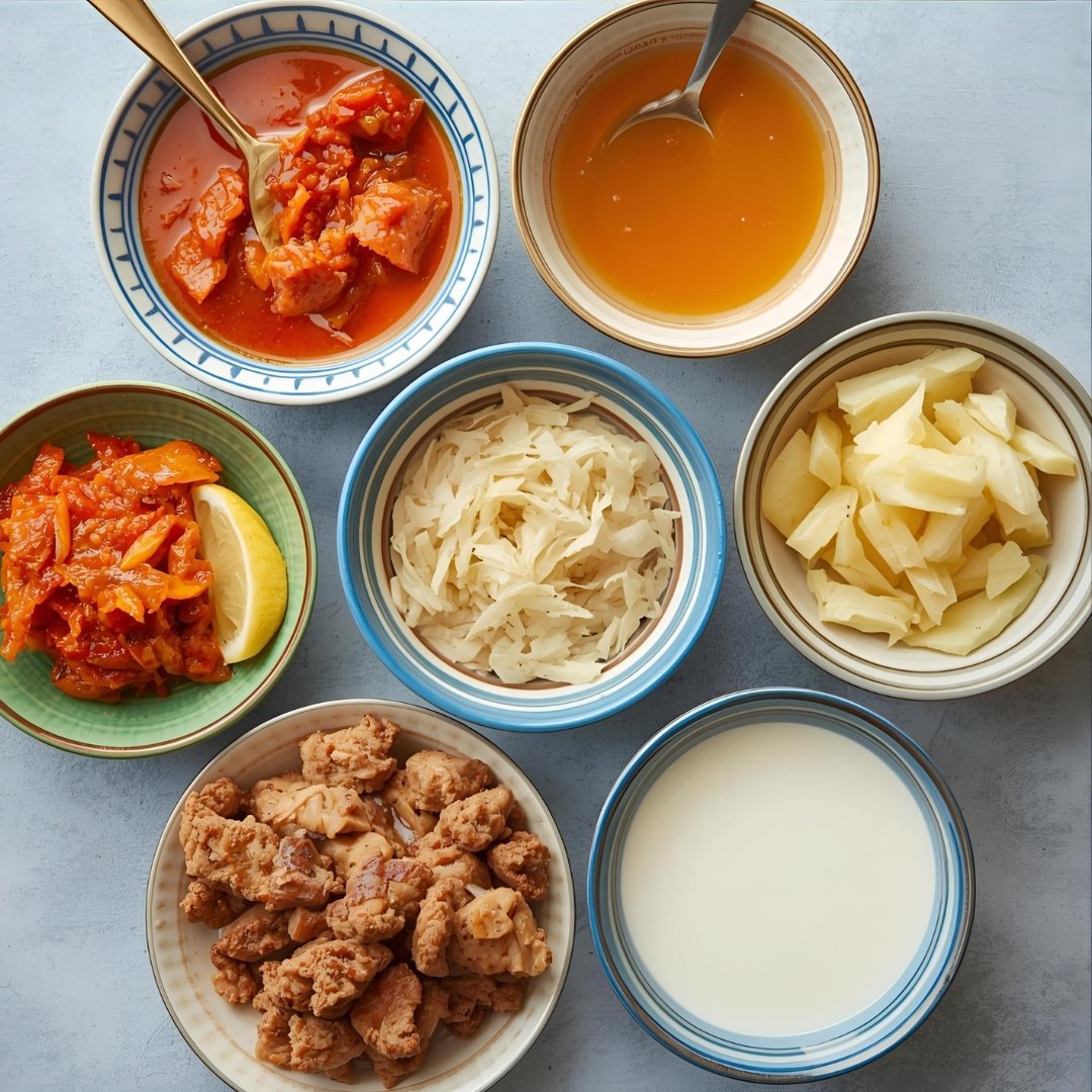 A colorful flat lay of fermented foods small bowls of kimchi, sauerkraut, kefir, and yogurt. A colorful flat lay of fermented foods small bowls of kimchi, sauerkraut, kefir, and yogurt.  Fermented foods for gut health probiotics and prebiotics for digestive wellness.