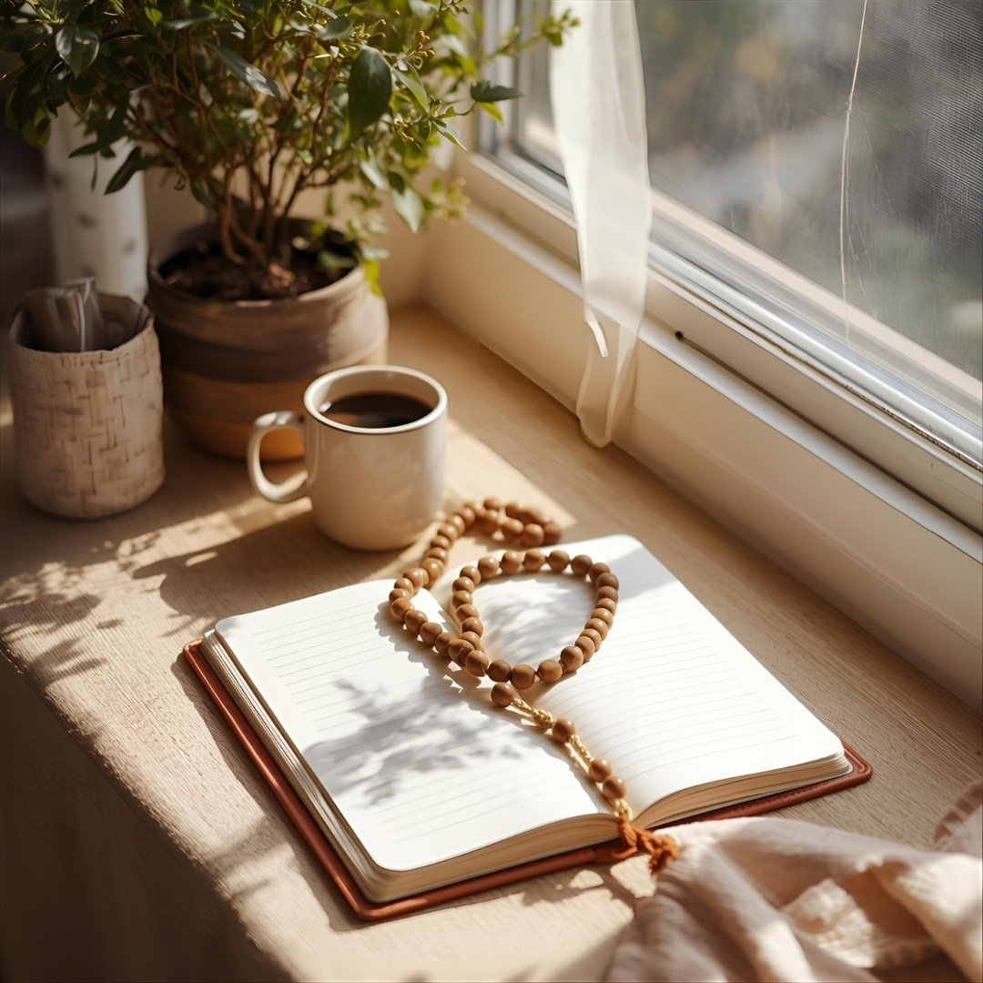 A cozy home space with journal, A cozy home space with journal, prayer beads, and sunlight — representing daily self-care.