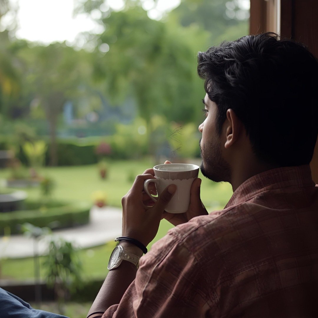 A person enjoying a quiet moment with a cup of coffee, A person enjoying a quiet moment with a cup of coffee, looking out at a peaceful garden, symbolizing intentional rest.